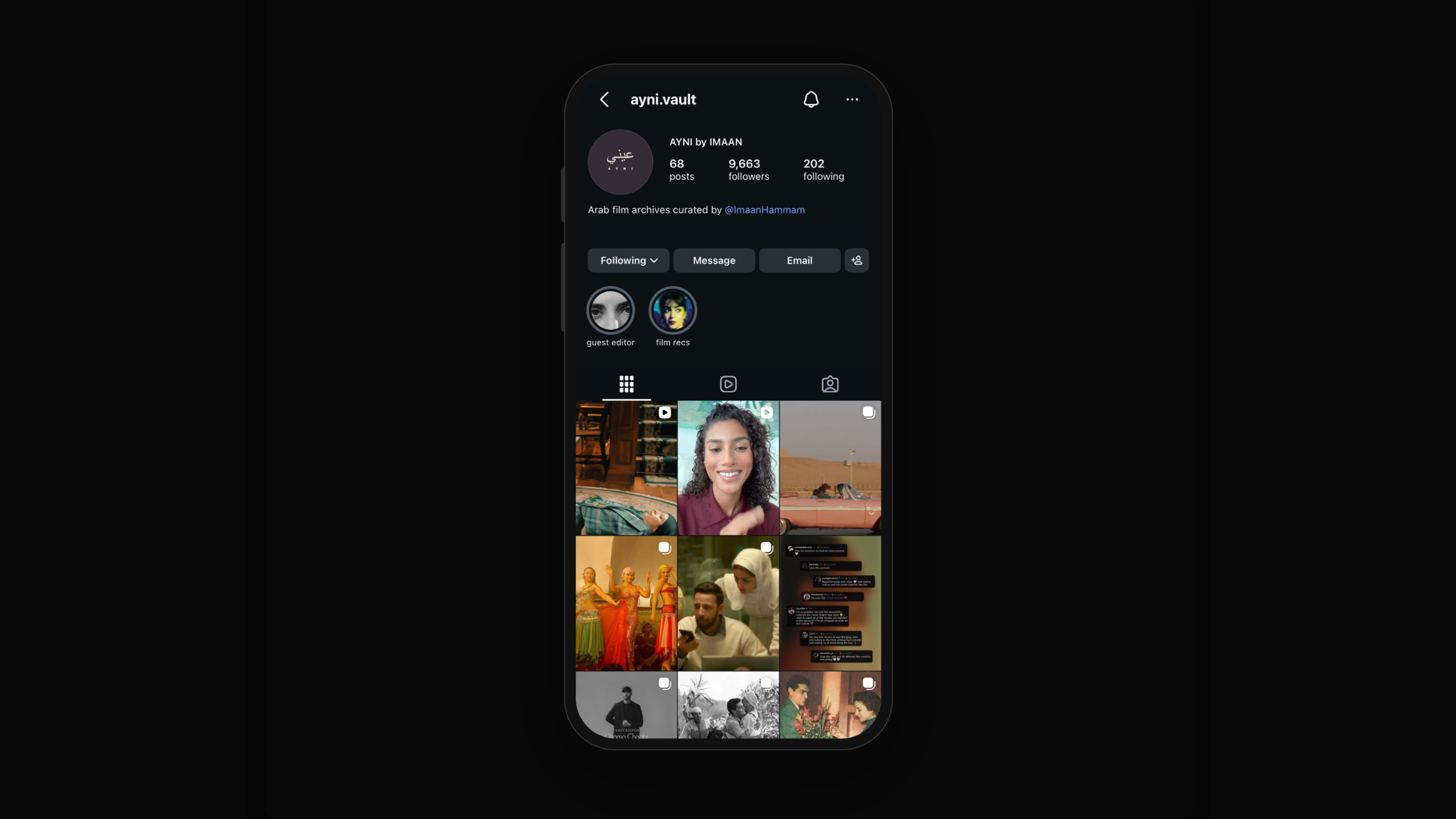 AYNI Instagram profile displayed in a dark iPhone mockup